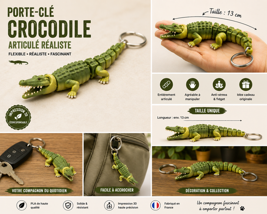 Figurine crocodile articulé réaliste en 3D, décoration flexible et détaillée, fabrication artisanale française.