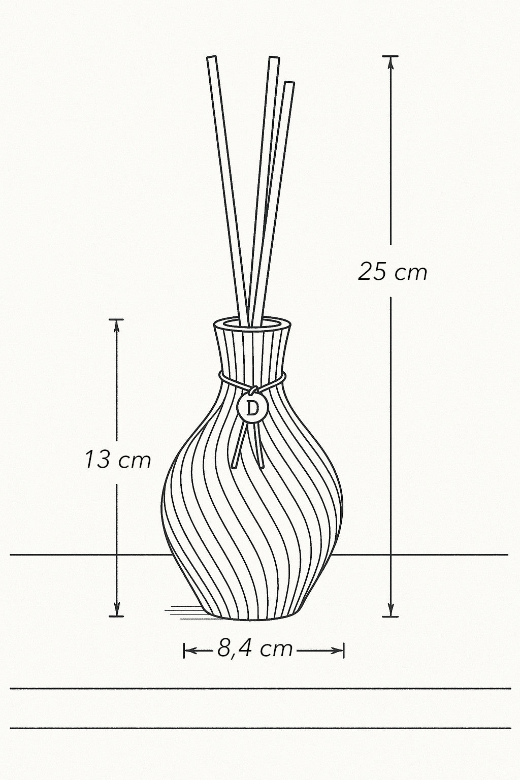 Elegant glass tube for perfume diffuser with dimensions.