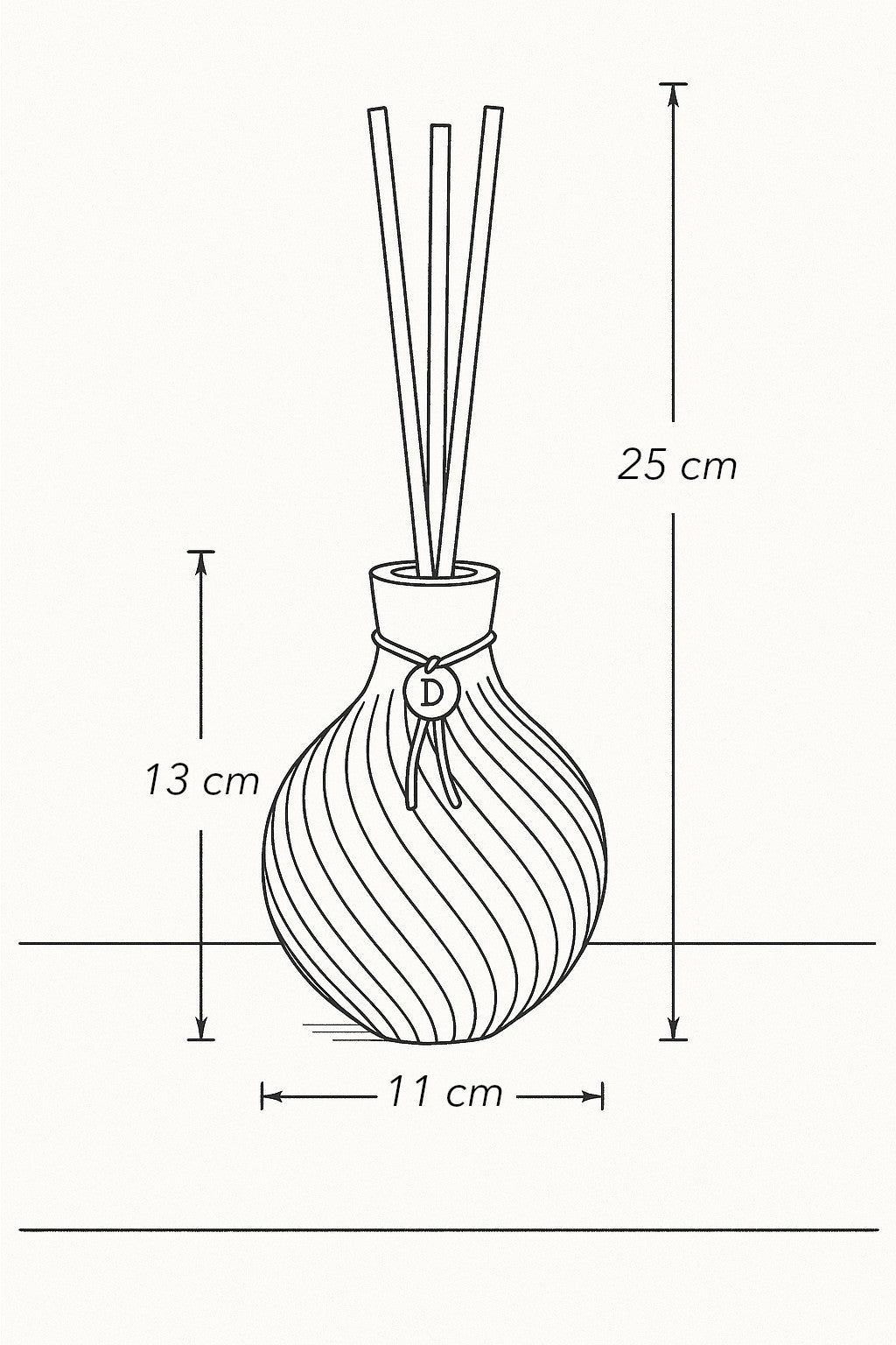Tube en verre élégant pour diffuseur de parfum avec baguettes et dimensions indiquées.