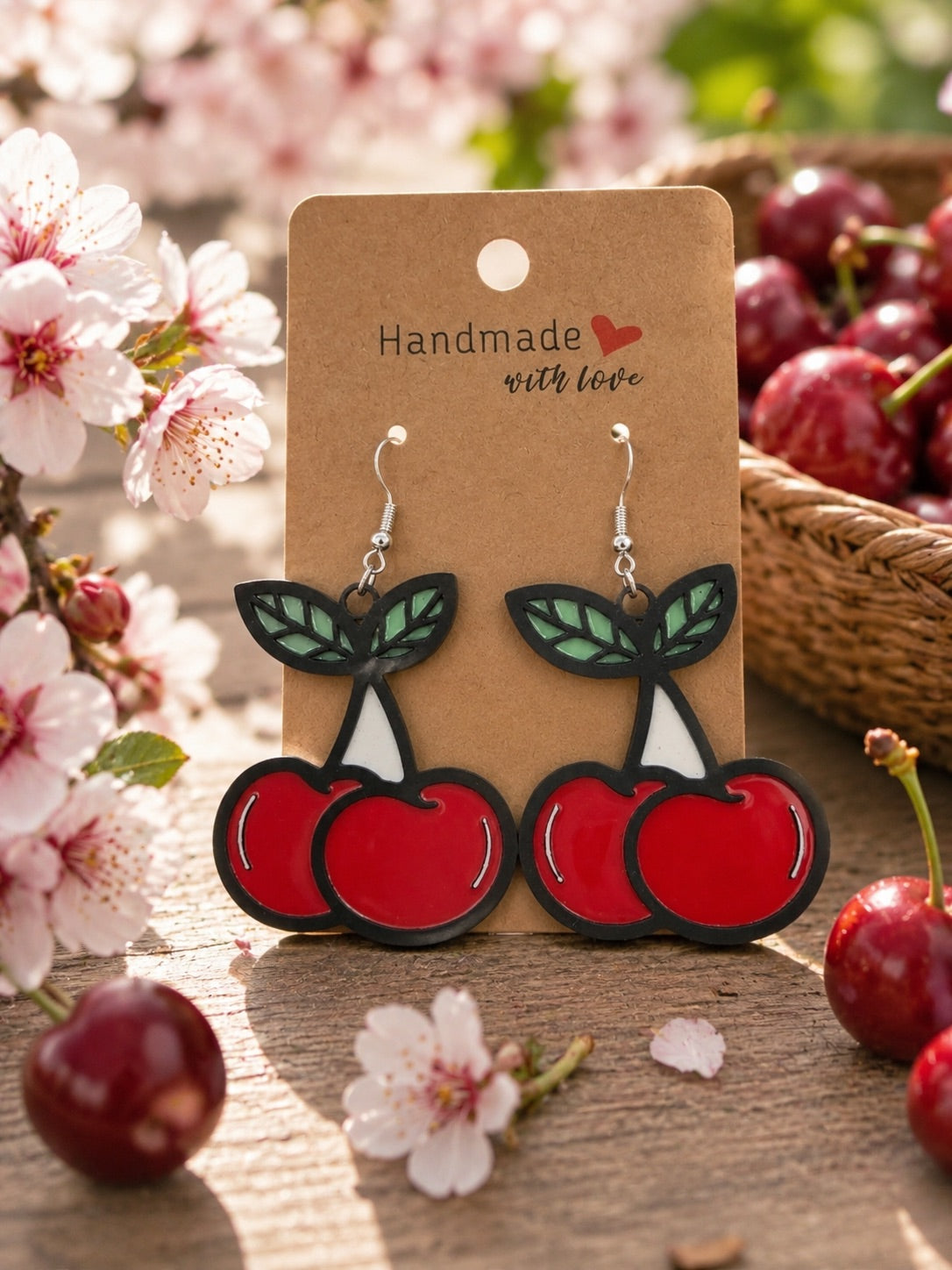 Boucles d’oreilles Salade de Fruits cerises, bijou fruité rouge fabriqué artisanalement en France