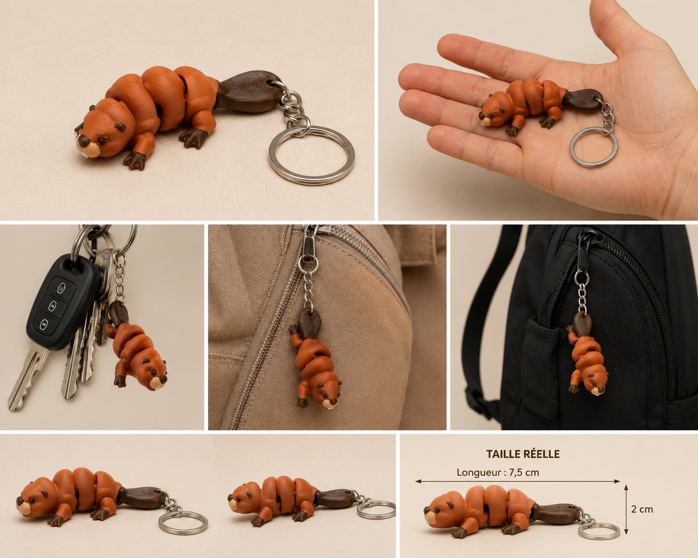 Porte-clé castor articulé imprimé en 3D ultra réaliste avec articulations mobiles, fabrication artisanale française.