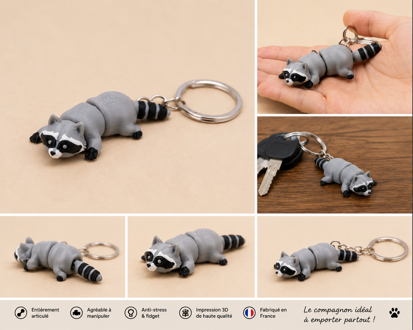 porte-clé raton laveur articulé miniature imprimé en 3D avec anneau métallique, fabrication artisanale française