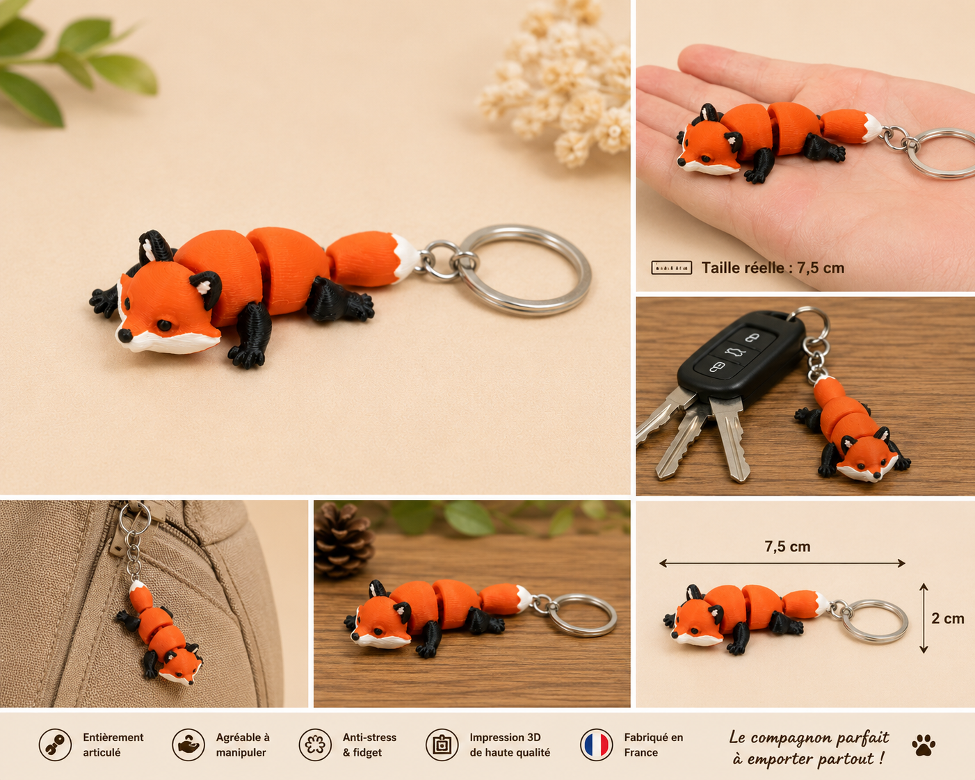 Porte-clé renard articulé 3D fabriqué en France, design adorable et pratique pour clés et sacs