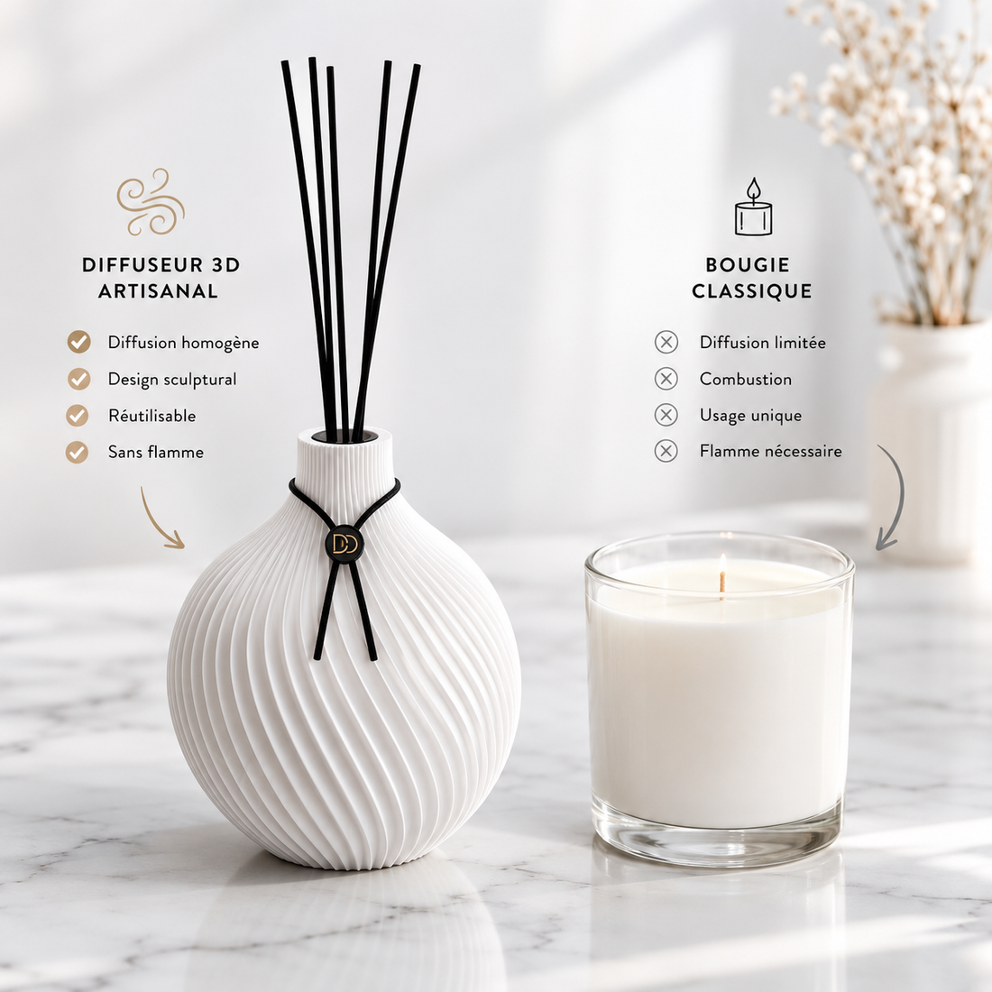 Comparatif diffuseur de parfum imprimé en 3D versus bougie parfumée
