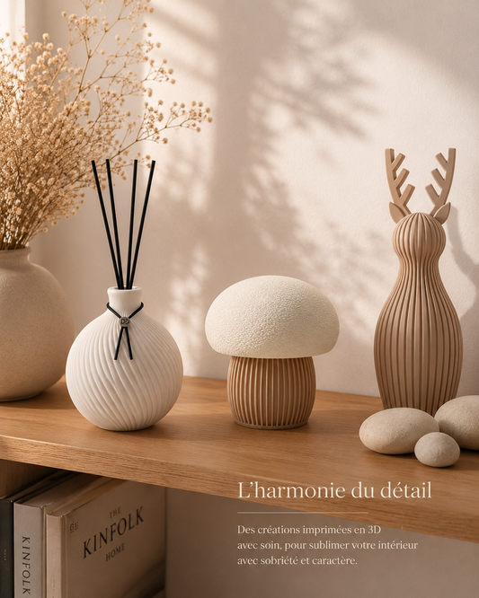 Intérieur style Japandi minimaliste avec objet décoratif imprimé en 3D