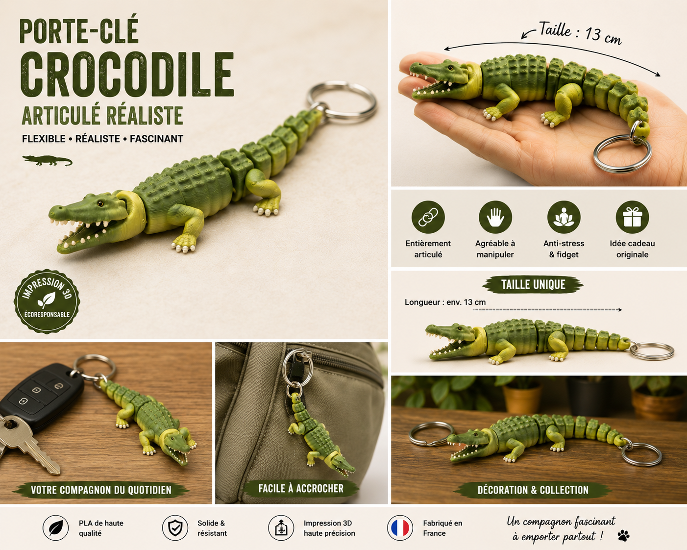Figurine crocodile articulé réaliste en 3D, décoration flexible et détaillée, fabrication artisanale française.