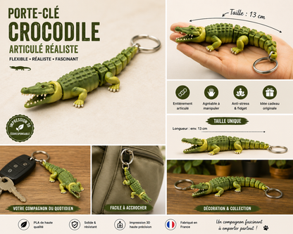 Figurine crocodile articulé réaliste en 3D, décoration flexible et détaillée, fabrication artisanale française.