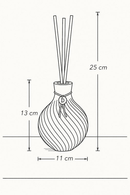 Tube en verre élégant pour diffuseur de parfum, dimensions illustrées.