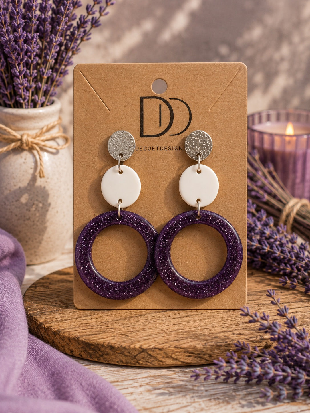 Boucles d’oreilles Dualis Pailletées Brise de Lavande – paillettes et résine époxy brillante