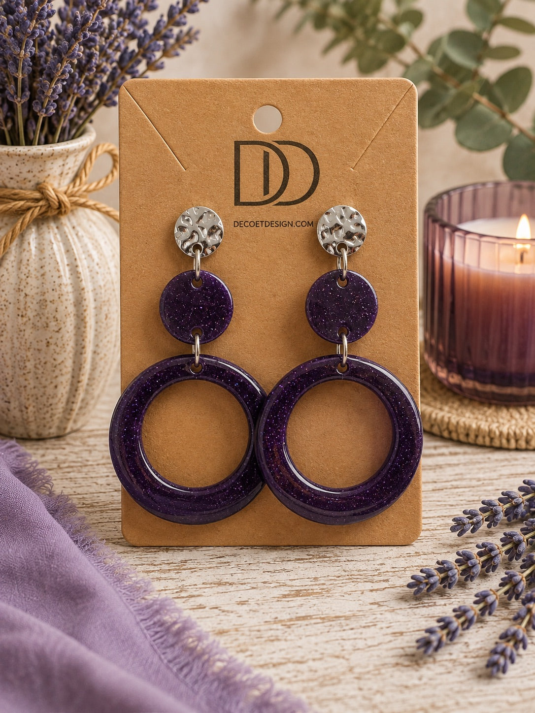 Boucles d’oreilles Dualis Pailletées Lavande Royale – résine époxy brillante, fabrication française