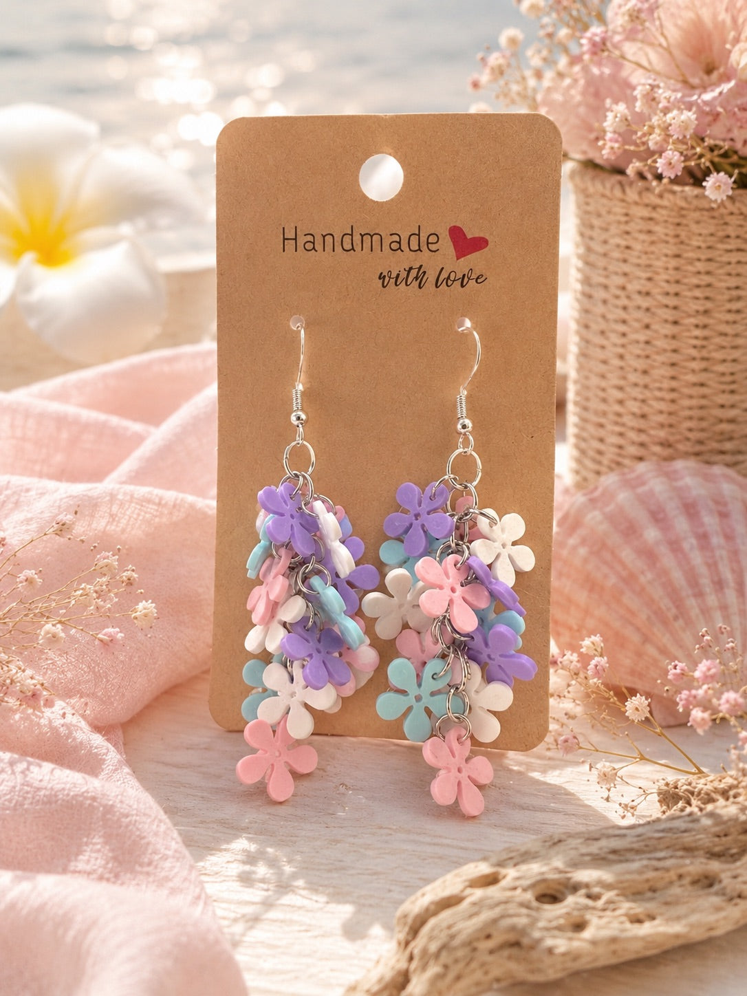 Boucles d’oreilles Fleurs en Folie Nuage pastel, bijou floral aux teintes douces et légères