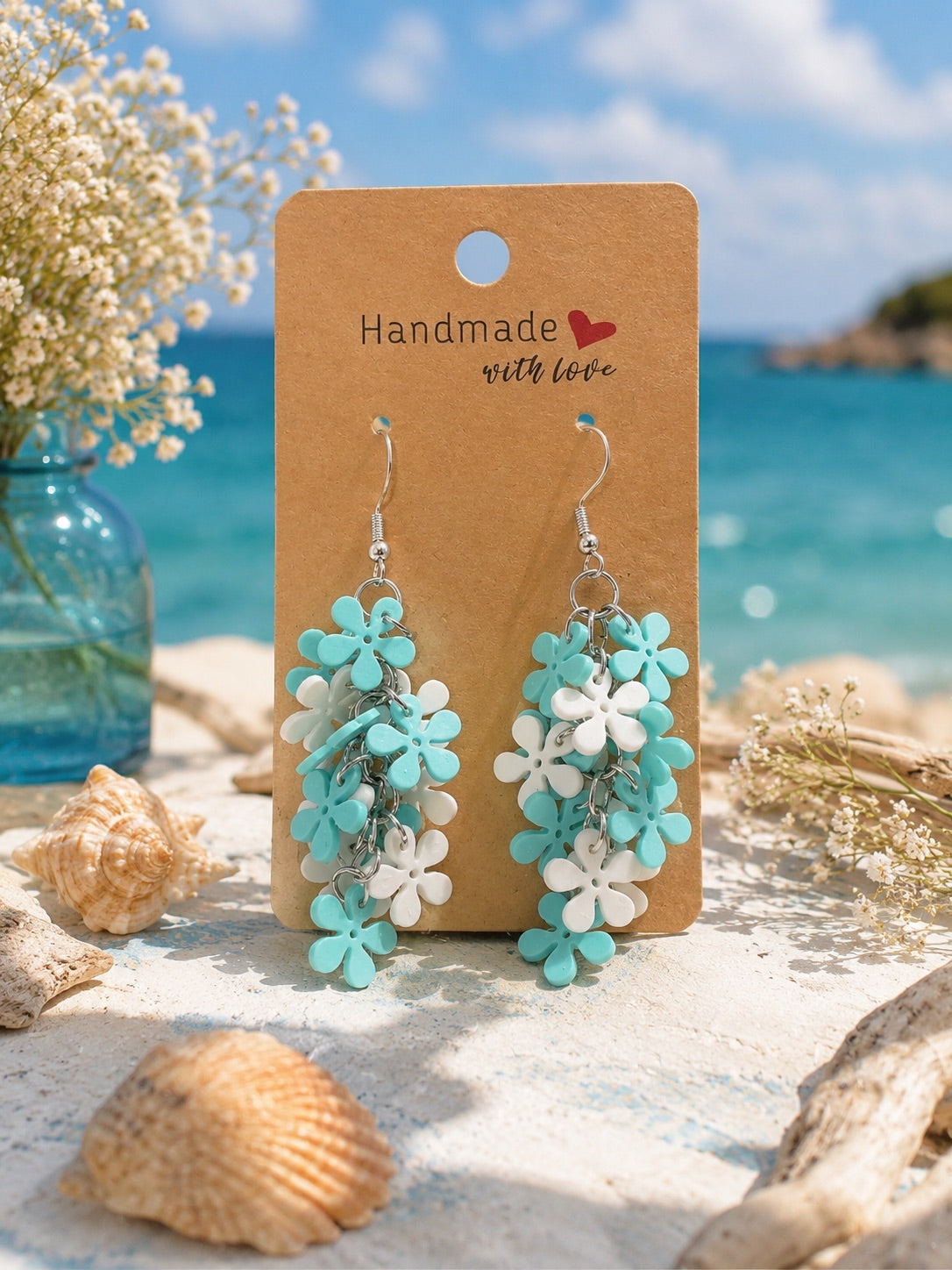 Boucles d’oreilles Fleurs en Folie Brise florale turquoise, bijou floral frais et coloré