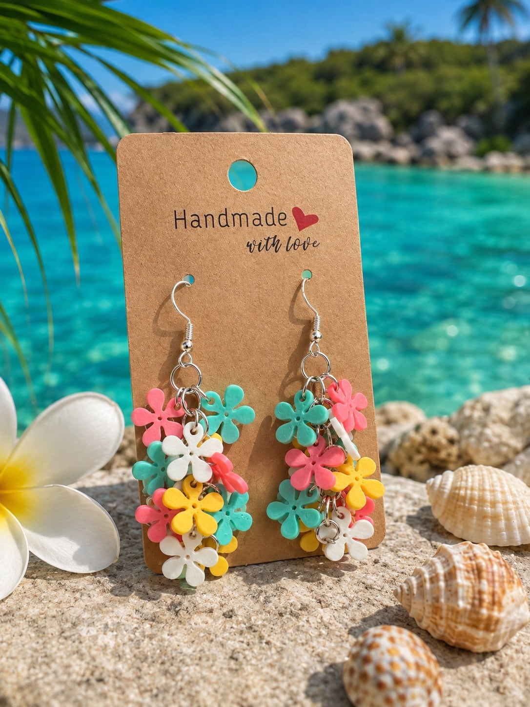 Boucles d’oreilles Fleurs en Folie Lagon, modèle floral bleu turquoise inspiré de la mer