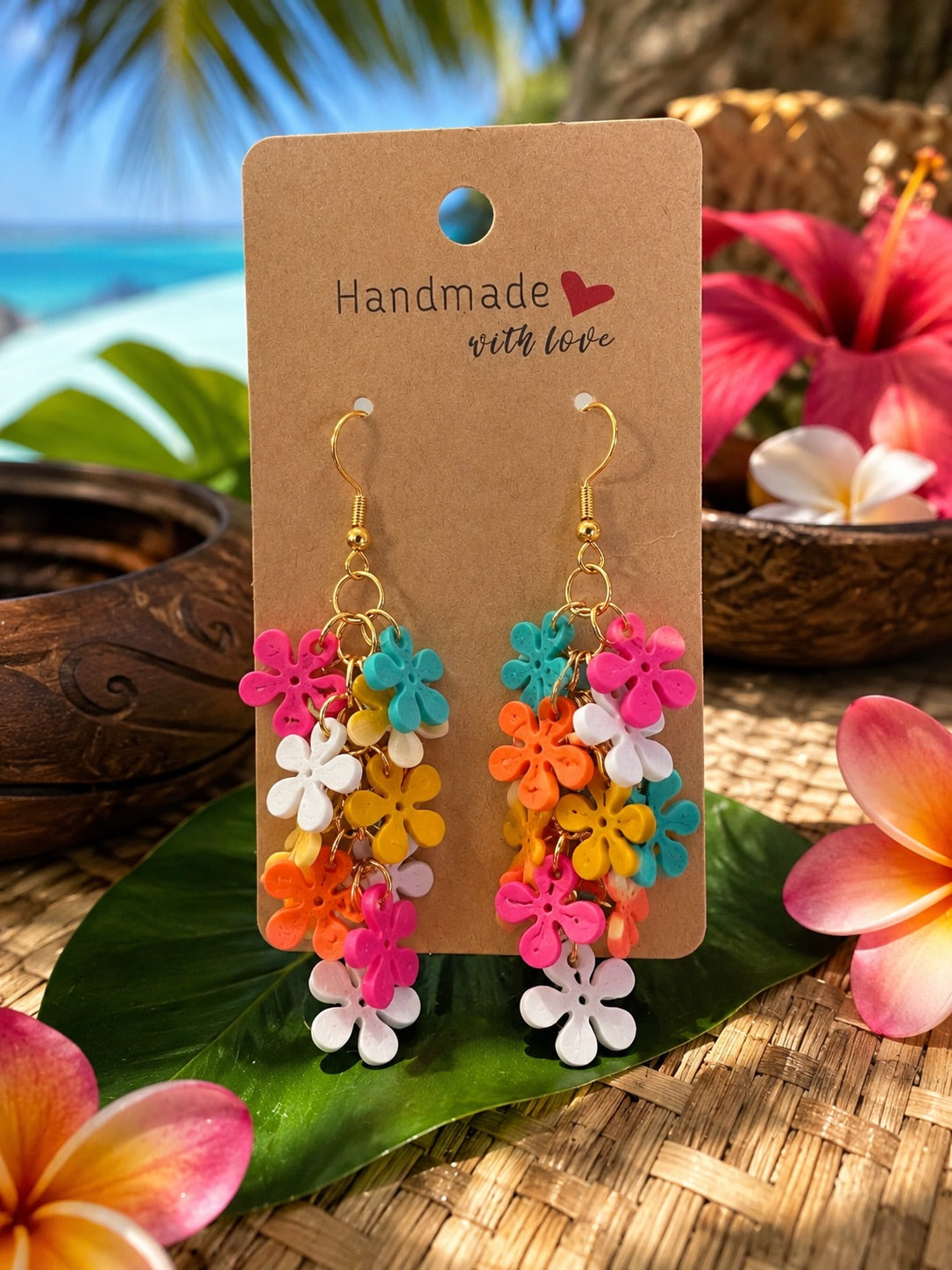 Boucles d’oreilles Fleurs en Folie Tahitienne, création florale colorée au style exotique