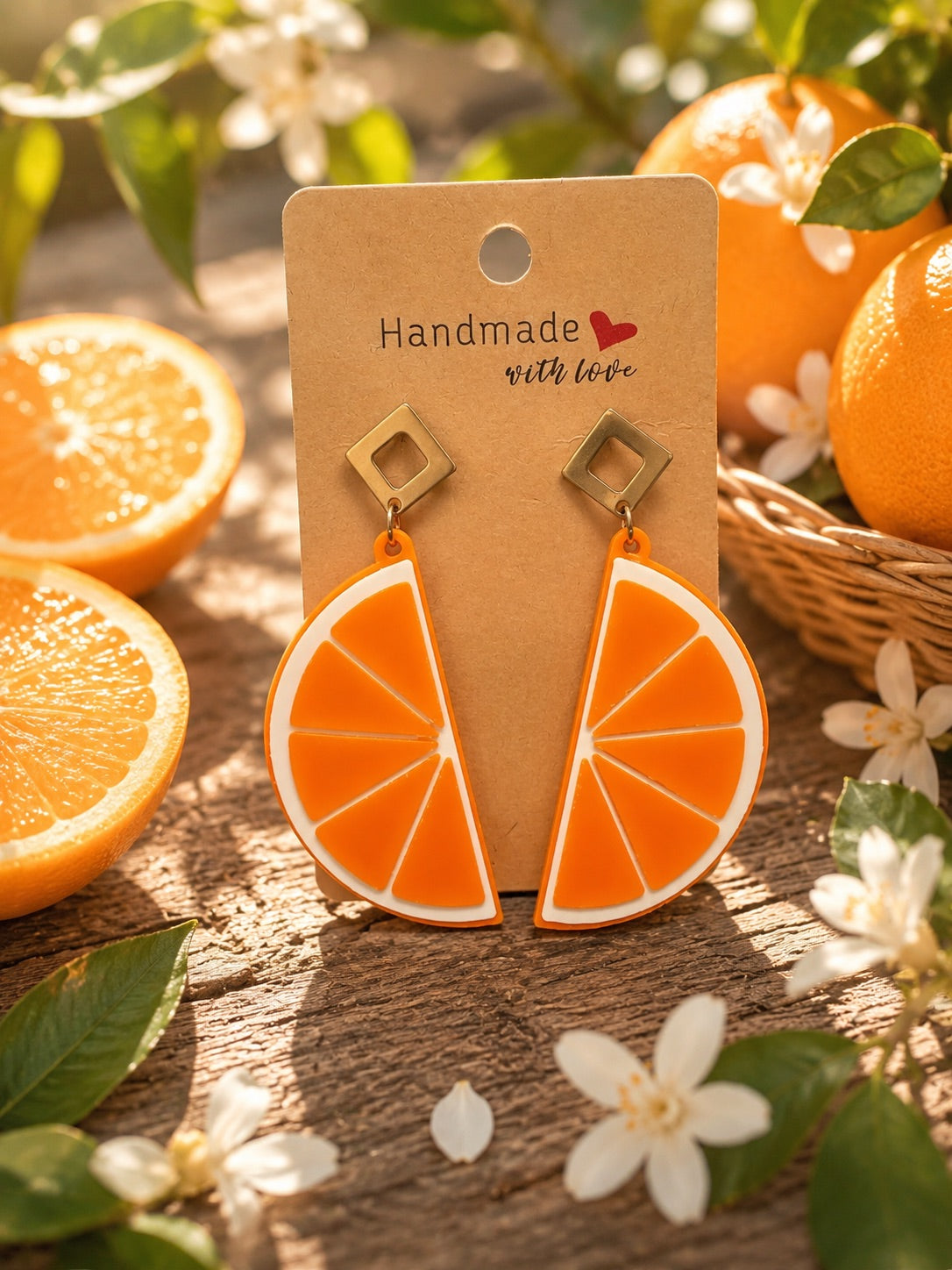 Boucles d’oreilles Salade de Fruits orange, quartier d’orange coloré imprimé en 3D