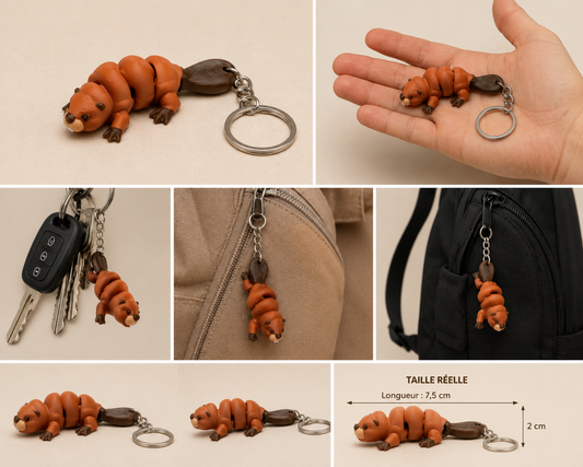 Porte-clé castor articulé imprimé en 3D ultra réaliste avec articulations mobiles, fabrication artisanale française.