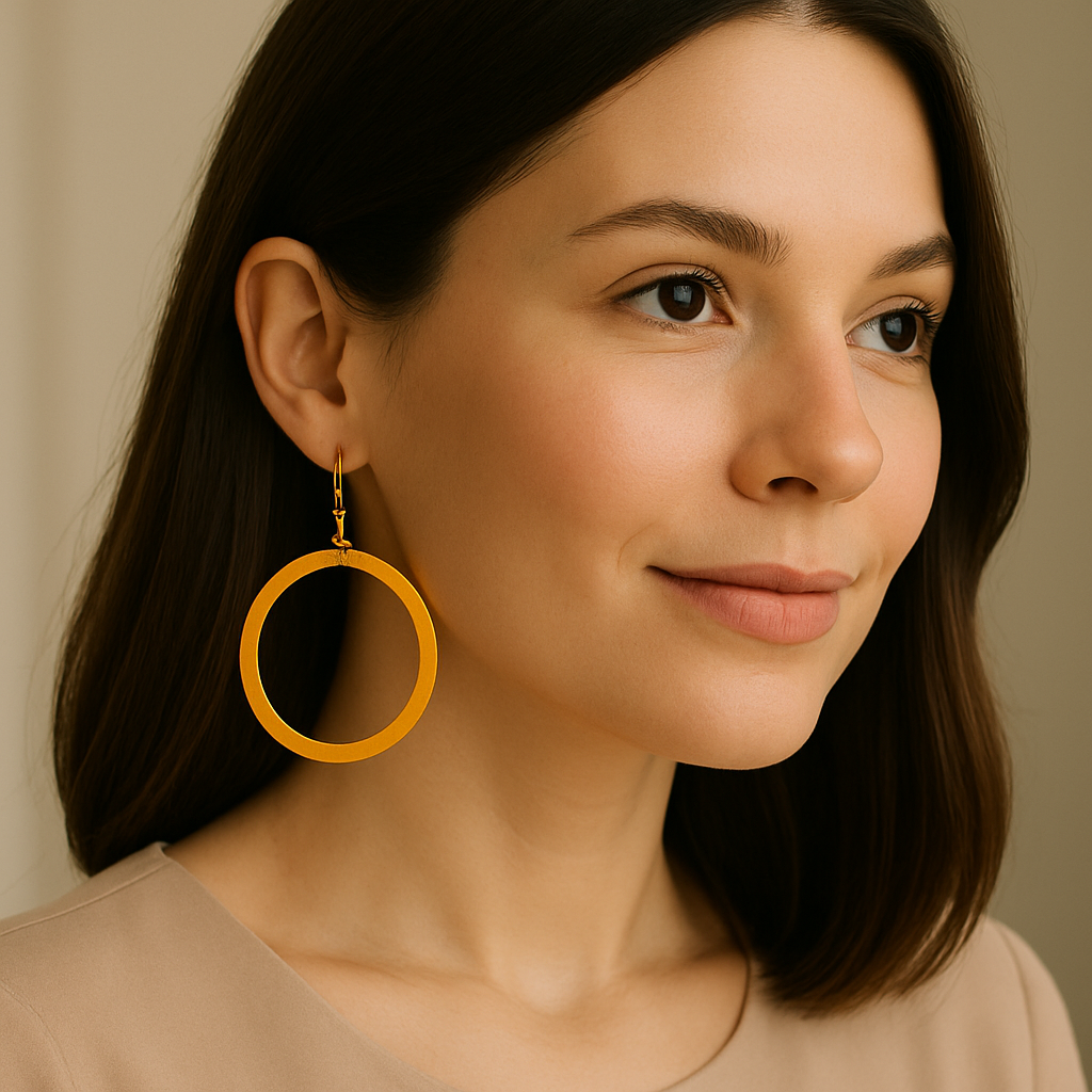 Boucles d'oreilles Créoles dorées modernes portées par une femme, design classique, éco-responsable.