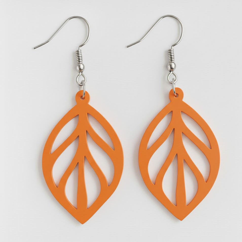 Boucles d’oreilles Feuille Végétale orange légères en PLA écologique avec attache argent 925, design ajouré et fabrication artisanale française