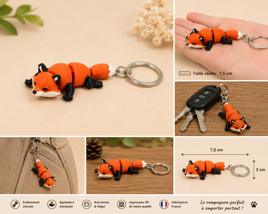 Porte-clé renard articulé 3D fabriqué en France, design adorable et pratique pour clés et sacs