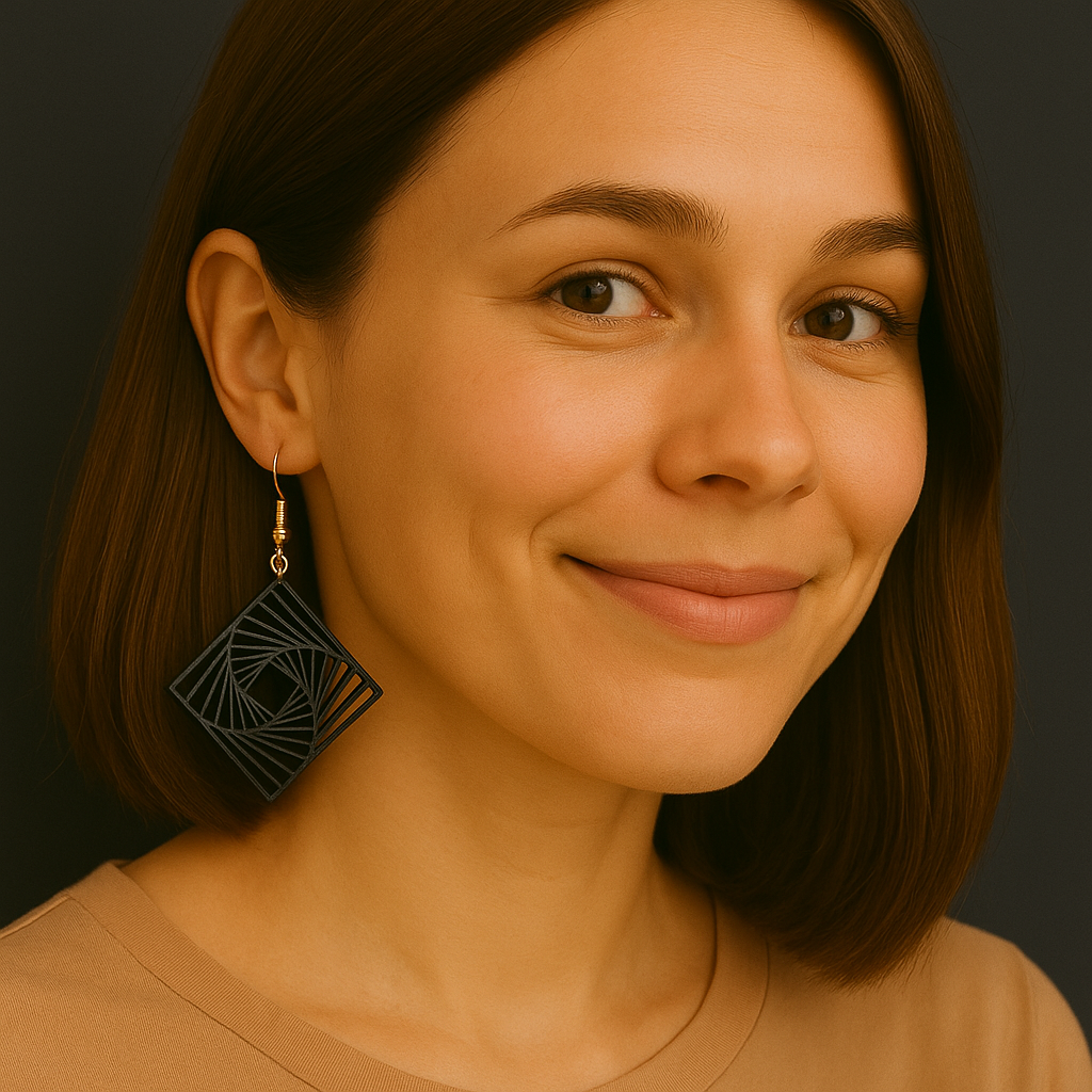 Boucles d’oreilles Twina in geometric spiral design, ivory matte color.